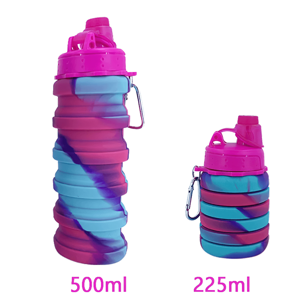 Colorful 500ml and 225ml Reusable Collapsible Bottle with Carabiner - SF3489, showcasing foldable BPA-free silicone design.